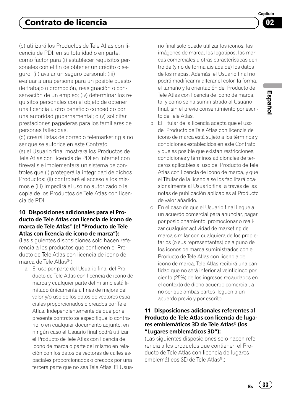 02 contrato de licencia | Pioneer AVIC-F220 User Manual | Page 33 / 124