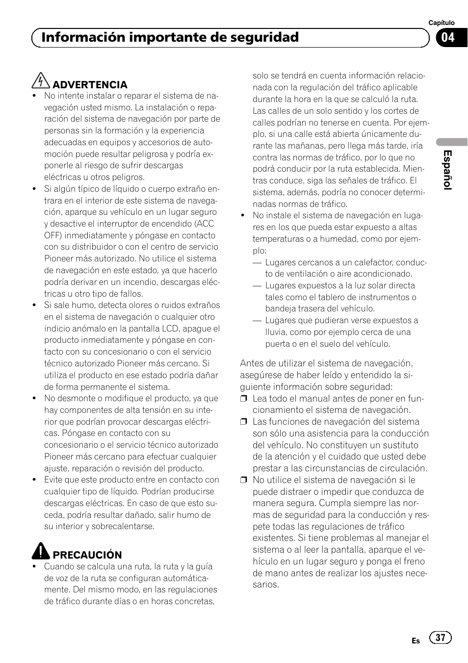 Información importante de seguridad, 04 información importante de seguridad | Pioneer AVIC-F220 User Manual | Page 37 / 124
