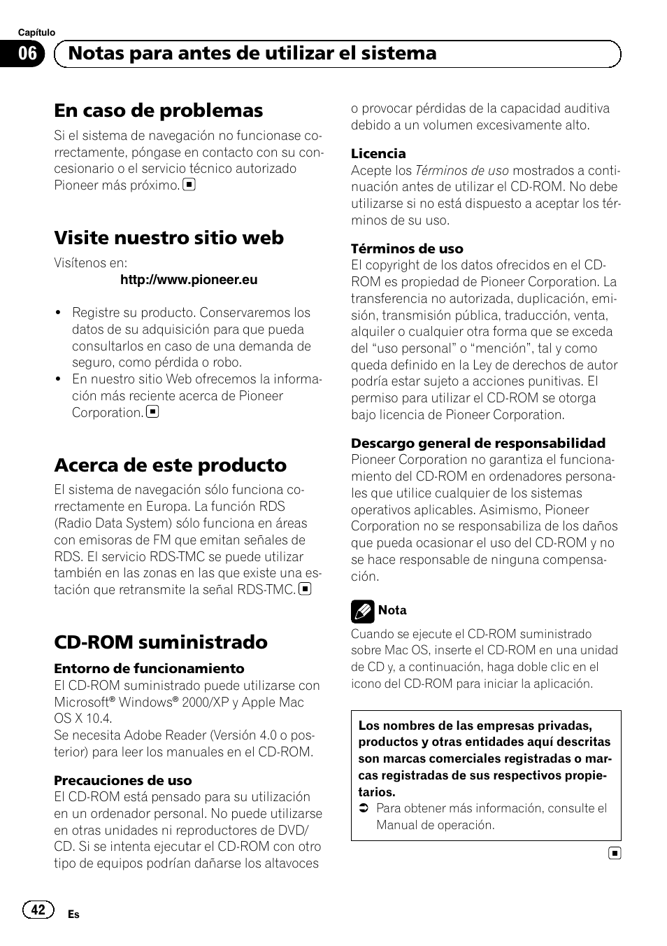 Visite nuestro sitio web, Acerca de este producto, Cd-rom suministrado | En caso de problemas, 06 notas para antes de utilizar el sistema | Pioneer AVIC-F220 User Manual | Page 42 / 124