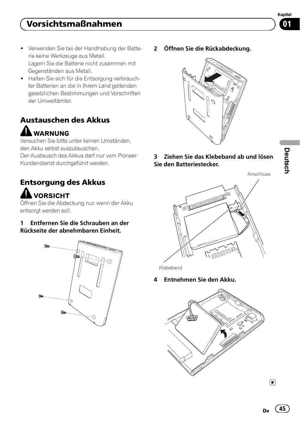 Austauschen des akkus 45, Entsorgung des akkus 45, 01 vorsichtsmaßnahmen | Austauschen des akkus, Entsorgung des akkus | Pioneer AVIC-F220 User Manual | Page 45 / 124