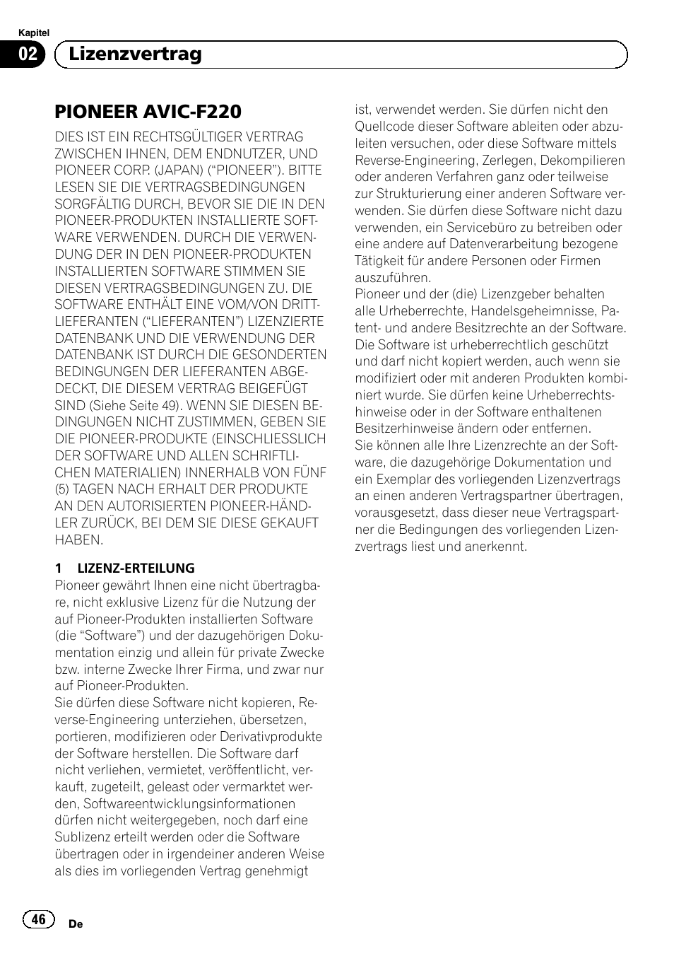 Lizenzvertrag pioneer avic-f220, Pioneer avic-f220, 02 lizenzvertrag | Pioneer AVIC-F220 User Manual | Page 46 / 124