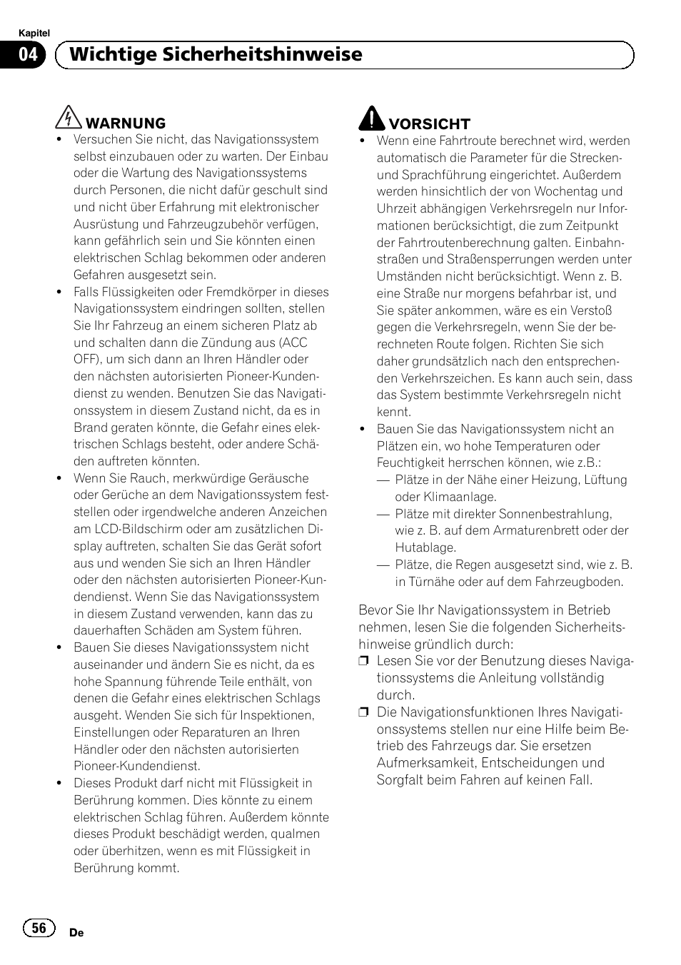 Wichtige sicherheitshinweise, 04 wichtige sicherheitshinweise | Pioneer AVIC-F220 User Manual | Page 56 / 124