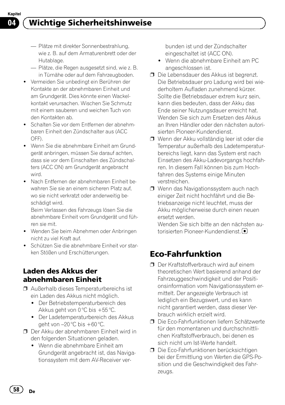 Laden des akkus der abnehmbaren, Einheit, Eco-fahrfunktion | 04 wichtige sicherheitshinweise, Laden des akkus der abnehmbaren einheit | Pioneer AVIC-F220 User Manual | Page 58 / 124