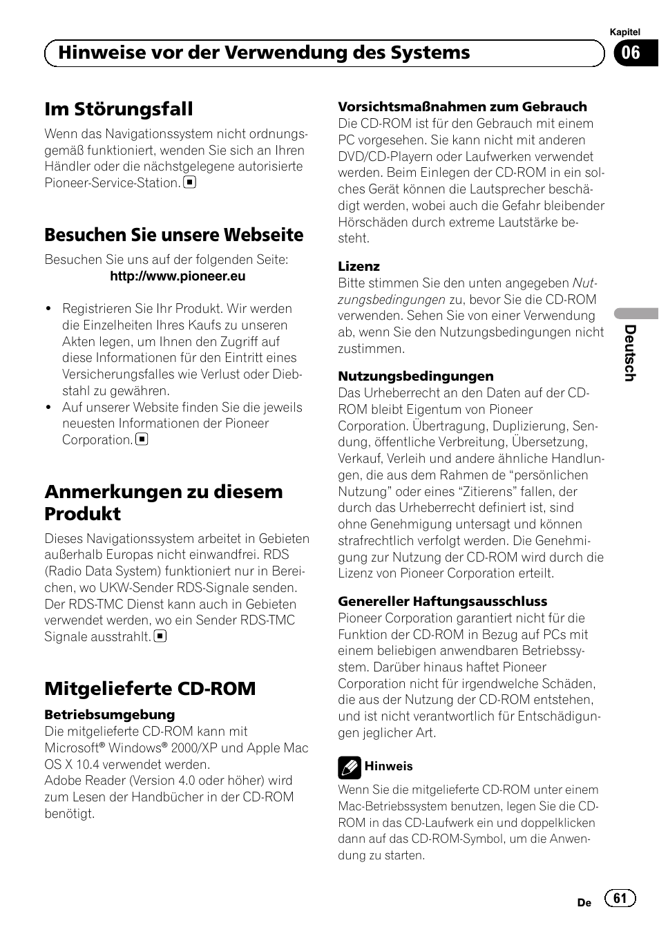 Besuchen sie unsere webseite, Anmerkungen zu diesem produkt, Mitgelieferte cd-rom | Im störungsfall, 06 hinweise vor der verwendung des systems | Pioneer AVIC-F220 User Manual | Page 61 / 124