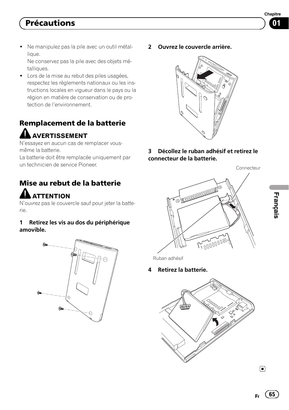 Remplacement de la batterie 65, Mise au rebut de la batterie 65, 01 précautions | Remplacement de la batterie, Mise au rebut de la batterie | Pioneer AVIC-F220 User Manual | Page 65 / 124