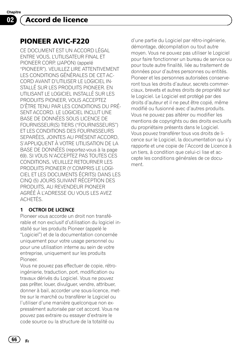 Accord de licence pioneer avic-f220, Pioneer avic-f220, 02 accord de licence | Pioneer AVIC-F220 User Manual | Page 66 / 124