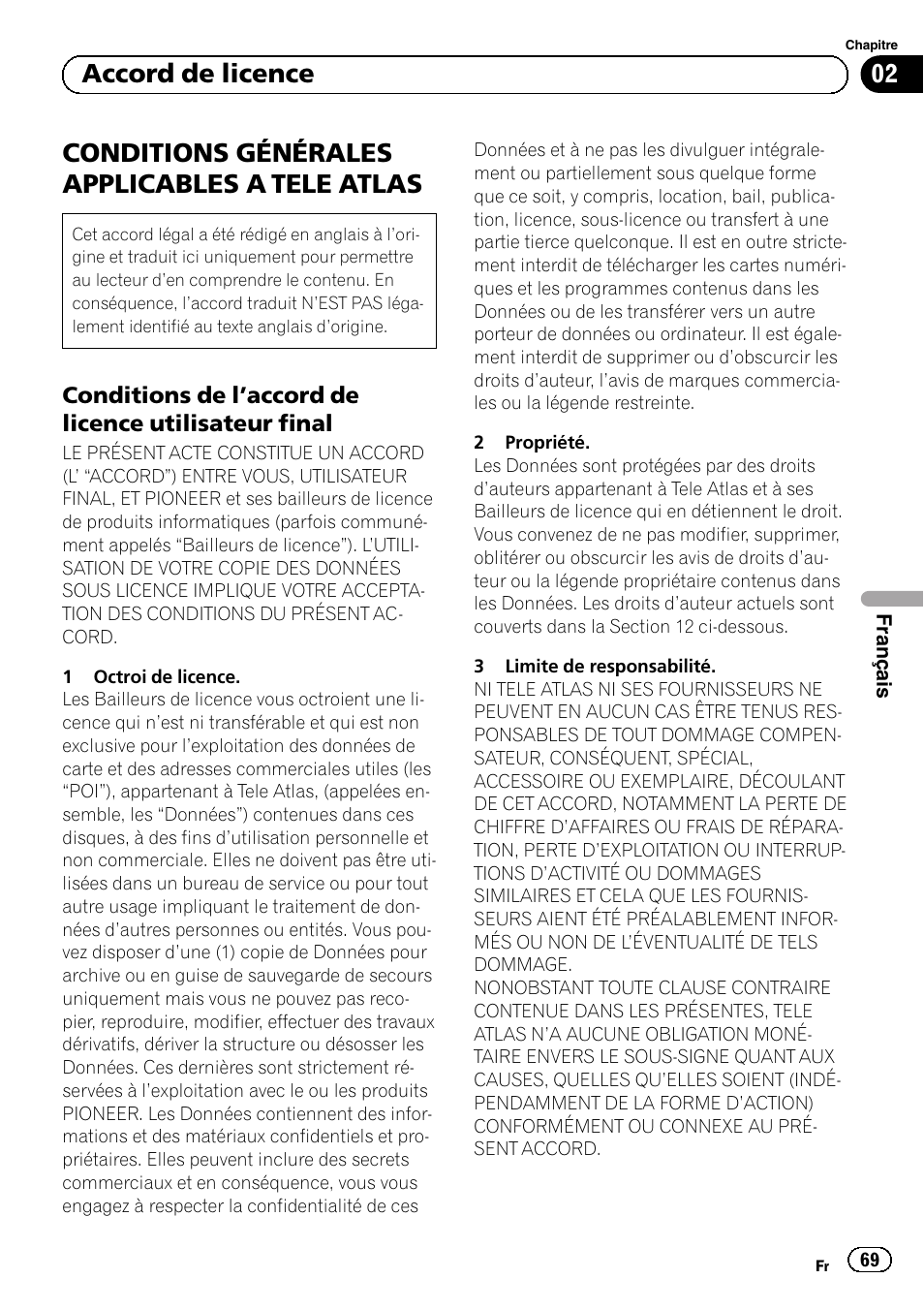 Conditions générales applicables a, Tele atlas, Conditions de l’accord de licence | Utilisateur final, Conditions générales applicables a tele atlas, 02 accord de licence | Pioneer AVIC-F220 User Manual | Page 69 / 124