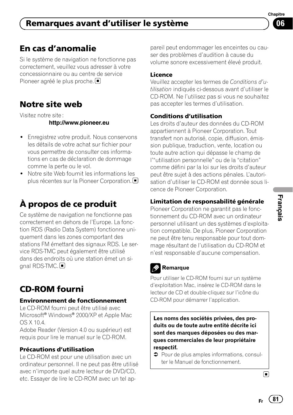 Remarques avant d, Utiliser le système, En cas d | Anomalie 81, Notre site web, À propos de ce produit, Cd-rom fourni, En cas d ’anomalie, 06 remarques avant d ’utiliser le système | Pioneer AVIC-F220 User Manual | Page 81 / 124