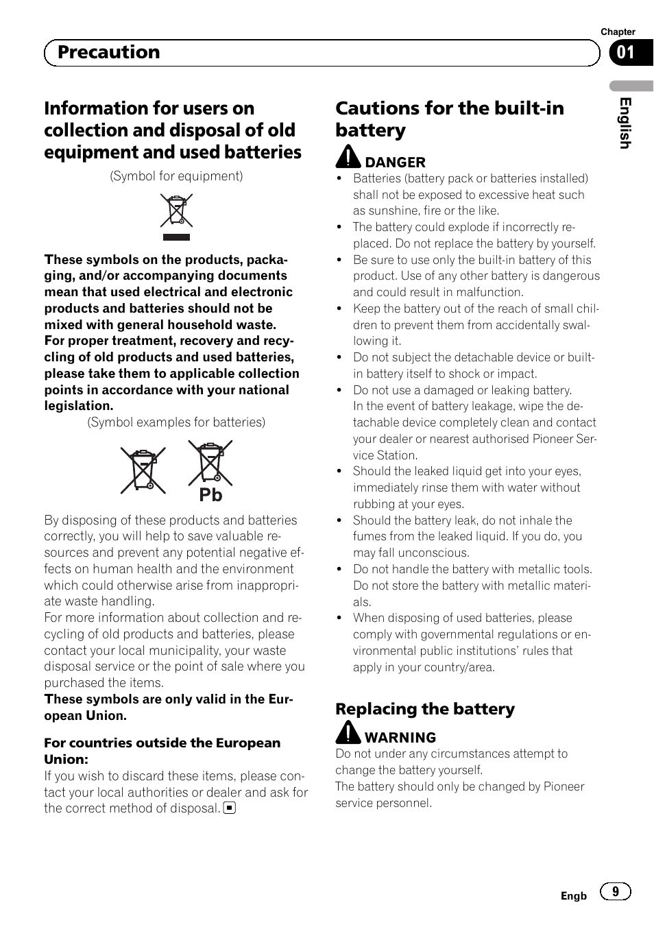 Precaution, Information for users on collection and, Disposal of old equipment and used batteries | Cautions for the built-in battery, Replacing the battery 9, 01 precaution, Replacing the battery | Pioneer AVIC-F220 User Manual | Page 9 / 124