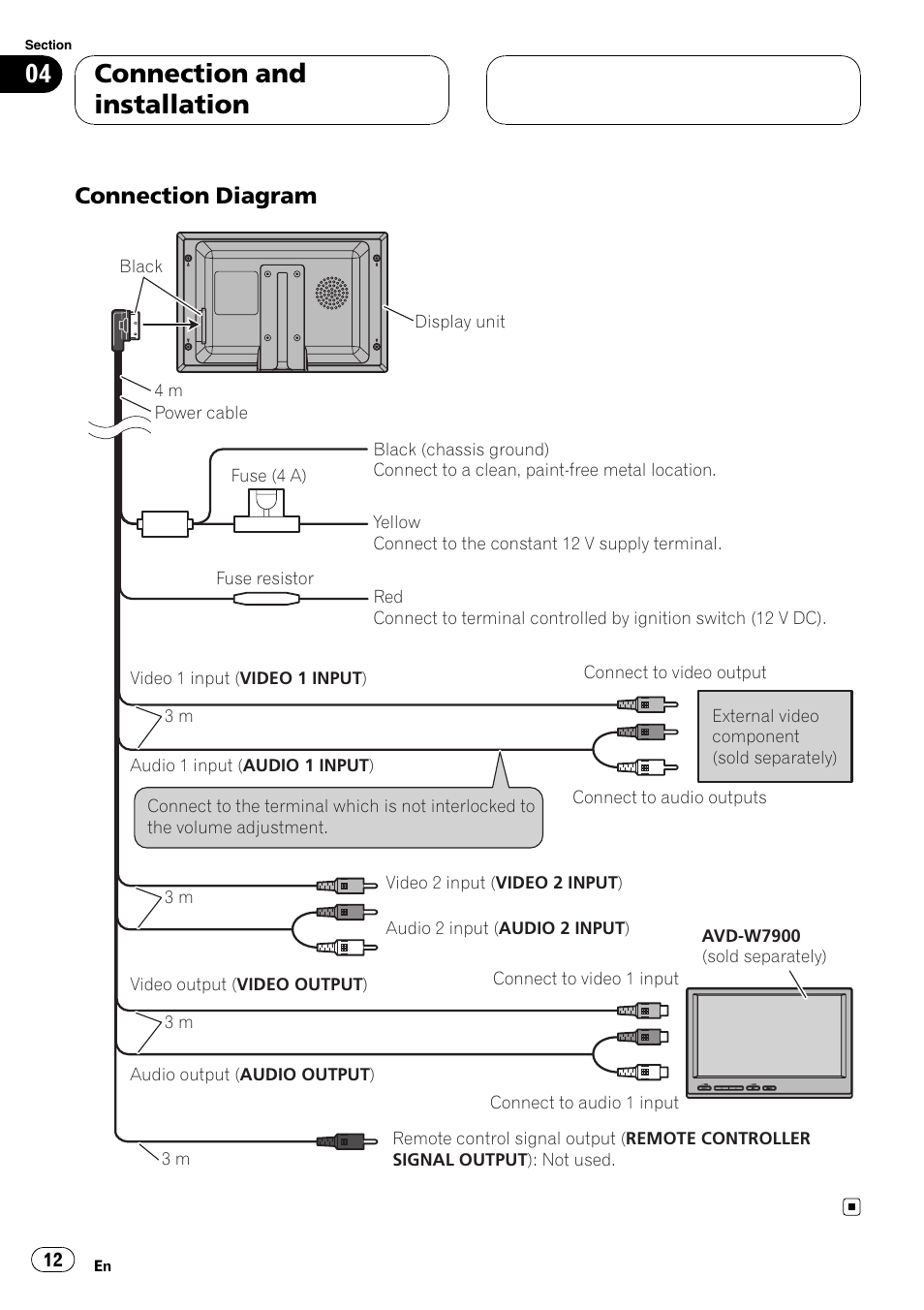 Connection diagram 12, Connection and installation, Connection diagram | Pioneer AVD-W7900 User Manual | Page 12 / 117