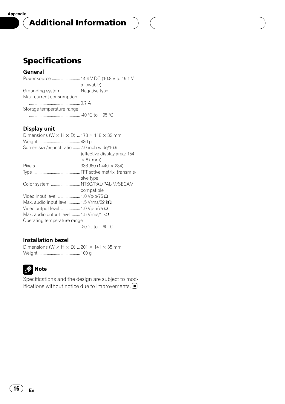 Specifications, Additional information | Pioneer AVD-W7900 User Manual | Page 16 / 117