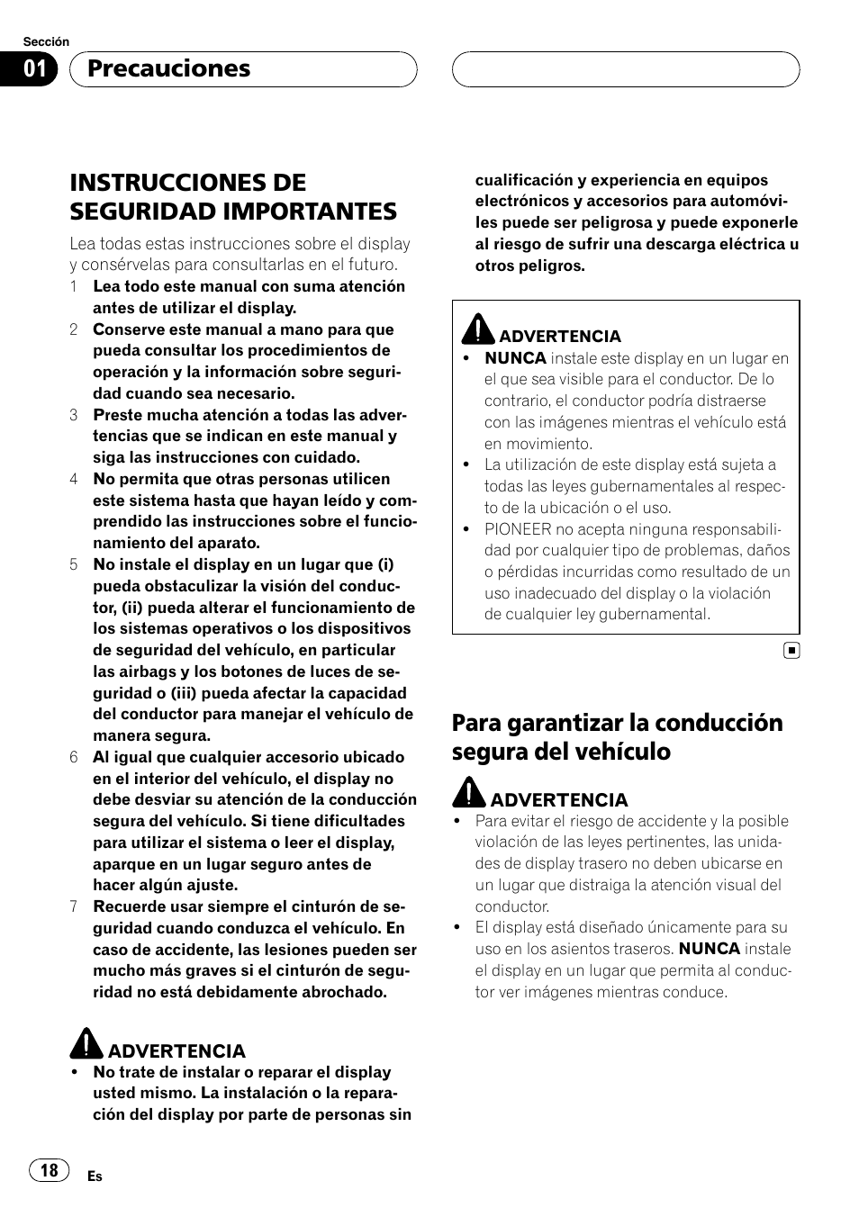 Precauciones, Instrucciones de seguridad, Importantes | Para garantizar la conducción segura del, Vehículo, Instrucciones de seguridad importantes, Para garantizar la conducción segura del vehículo | Pioneer AVD-W7900 User Manual | Page 18 / 117