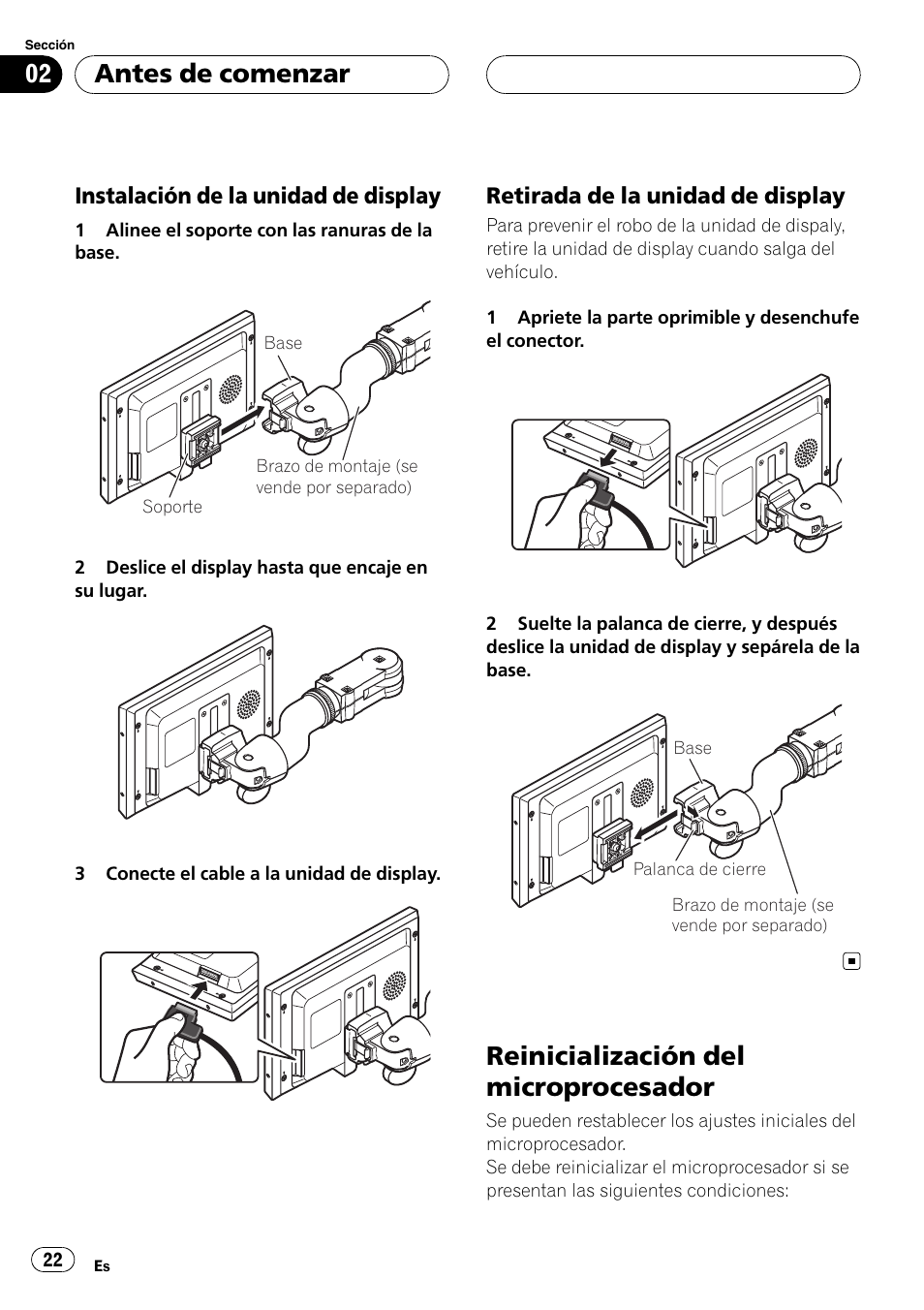 Instalación de la unidad de display 22, Retirada de la unidad de display 22, Reinicialización del microprocesador | Antes de comenzar | Pioneer AVD-W7900 User Manual | Page 22 / 117