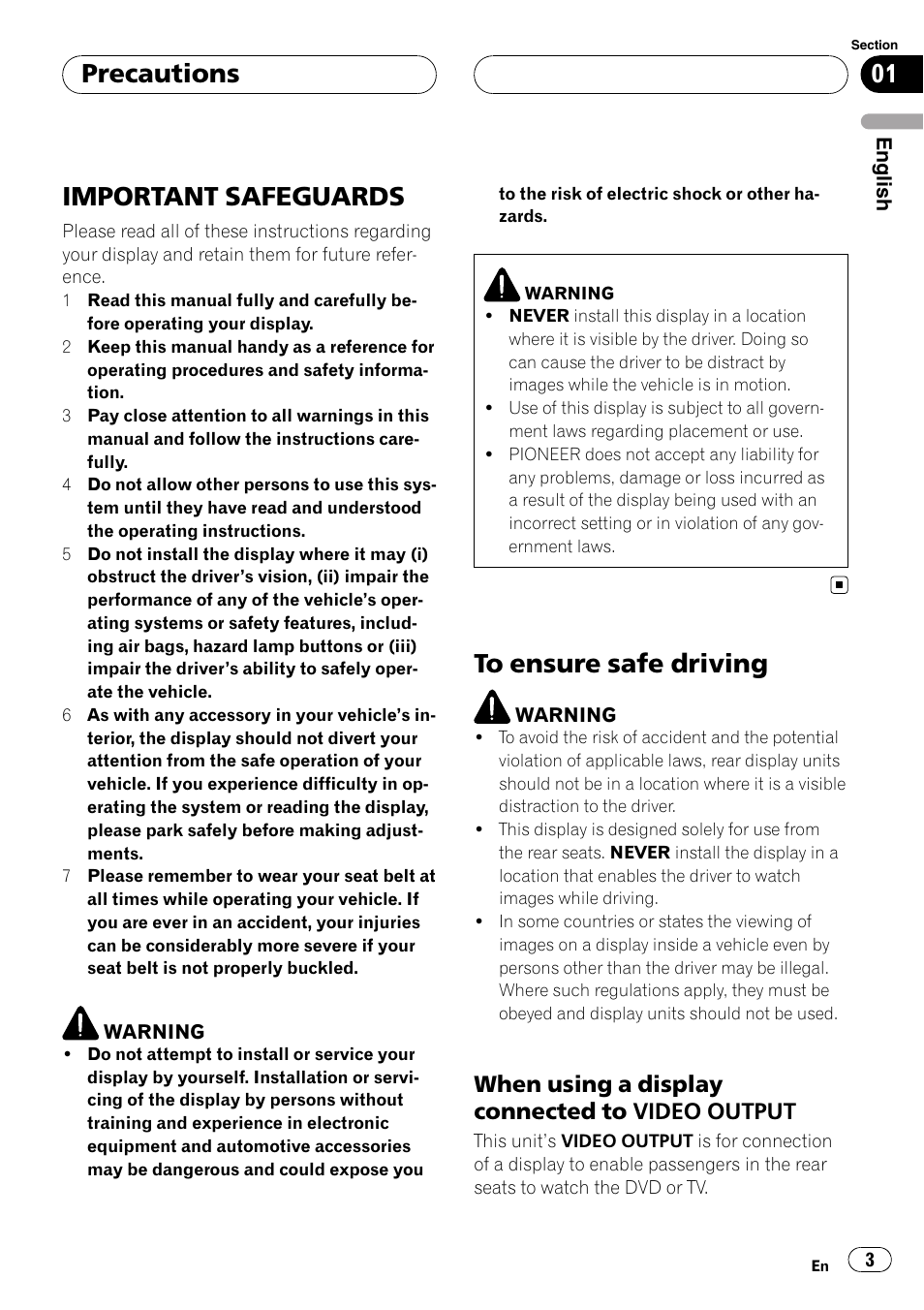 Precautions, Important safeguards, To ensure safe driving | When using a display connected to, Video output, When using a display connected to video output | Pioneer AVD-W7900 User Manual | Page 3 / 117