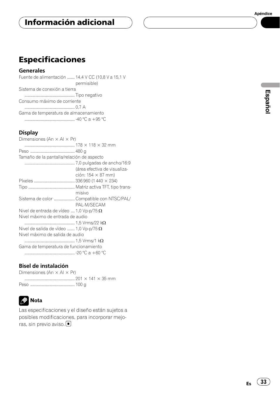 Especificaciones, Información adicional, Español | Pioneer AVD-W7900 User Manual | Page 33 / 117