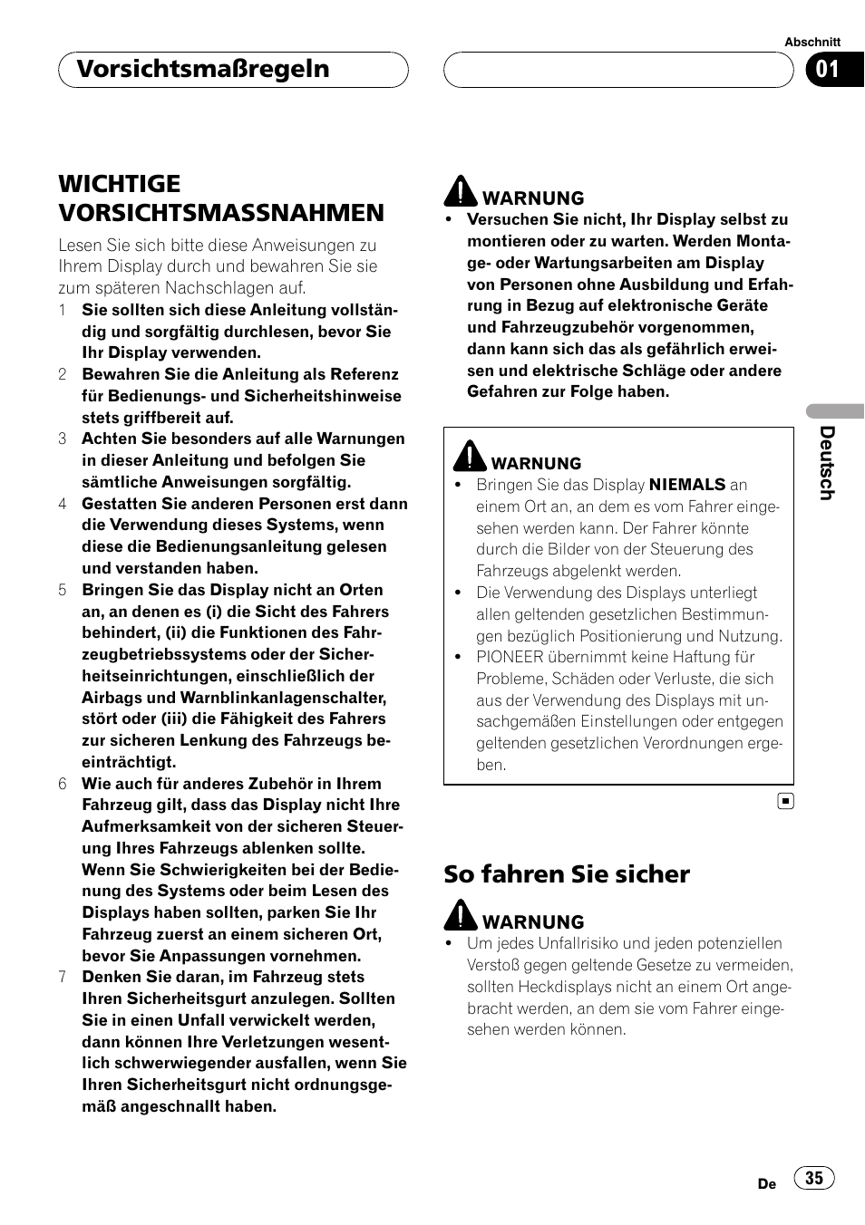 Vorsichtsmaßregeln, Wichtige vorsichtsmassnahmen, So fahren sie sicher | Pioneer AVD-W7900 User Manual | Page 35 / 117