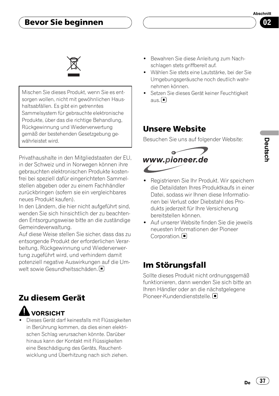 Bevor sie beginnen zu diesem gerät, Unsere website, Im störungsfall | Zu diesem gerät, Bevor sie beginnen | Pioneer AVD-W7900 User Manual | Page 37 / 117