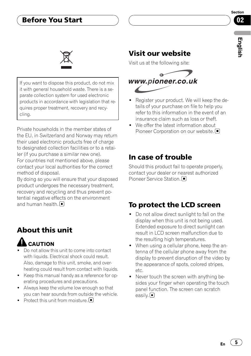 Before you start about this unit, Visit our website, In case of trouble | To protect the lcd screen, About this unit, Before you start | Pioneer AVD-W7900 User Manual | Page 5 / 117