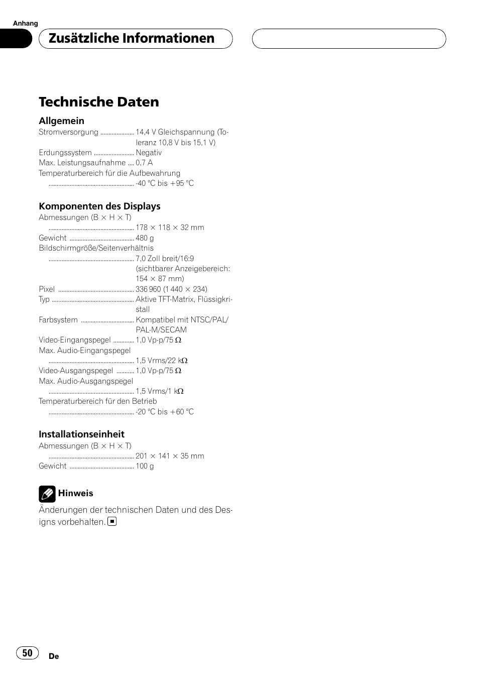 Technische daten, Zusätzliche informationen | Pioneer AVD-W7900 User Manual | Page 50 / 117