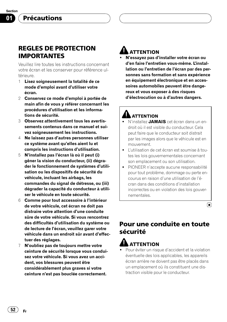 Précautions, Regles de protection, Importantes | Pour une conduite en toute sécurité, Regles de protection importantes | Pioneer AVD-W7900 User Manual | Page 52 / 117