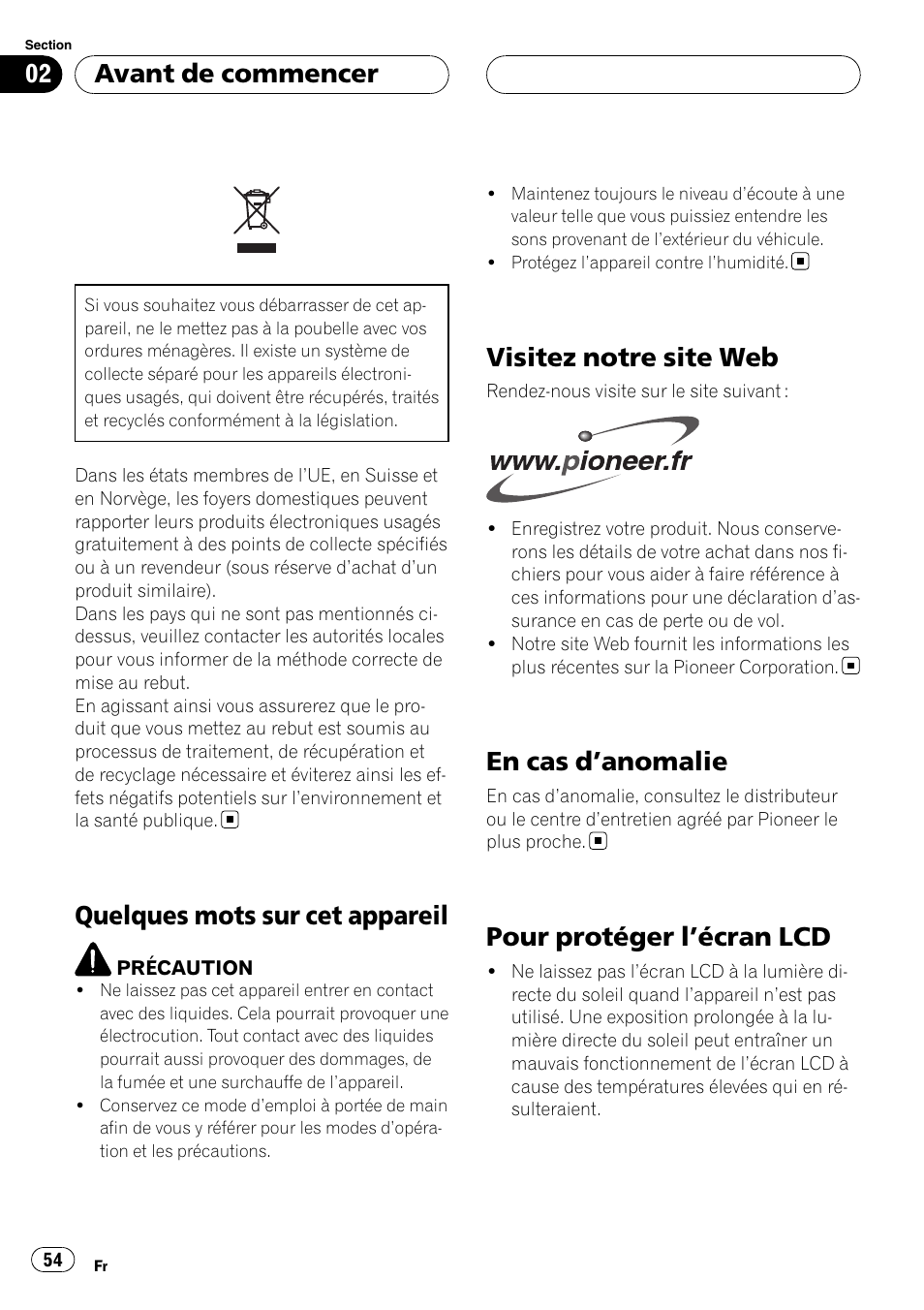 Avant de commencer quelques mots sur cet appareil, Visitez notre site web, En cas d | Anomalie 54, Pour protéger l, Écran lcd 54, Quelques mots sur cet appareil, En cas d ’anomalie, Pour protéger l ’écran lcd, Avant de commencer | Pioneer AVD-W7900 User Manual | Page 54 / 117