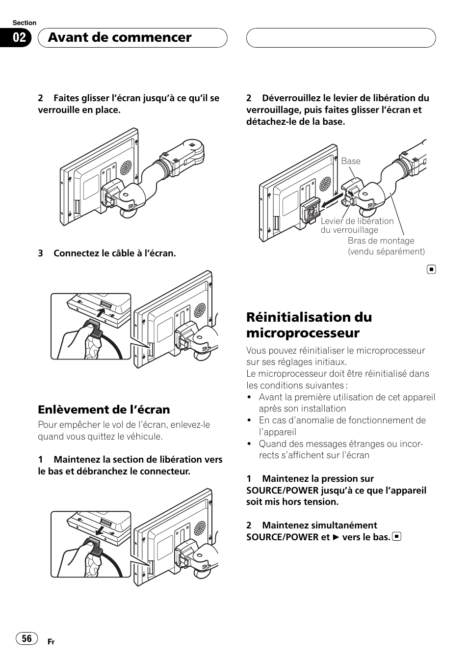 Enlèvement de l’écran 56, Réinitialisation du microprocesseur, Avant de commencer | Enlèvement de l ’écran | Pioneer AVD-W7900 User Manual | Page 56 / 117