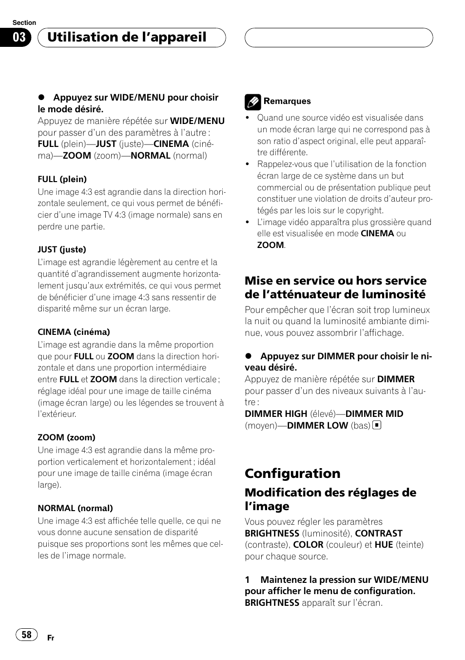 Mise en service ou hors service de, Atténuateur de luminosité 58, Configuration | Modification des réglages de, Image 58, Utilisation de l ’appareil, Modification des réglages de l ’image | Pioneer AVD-W7900 User Manual | Page 58 / 117