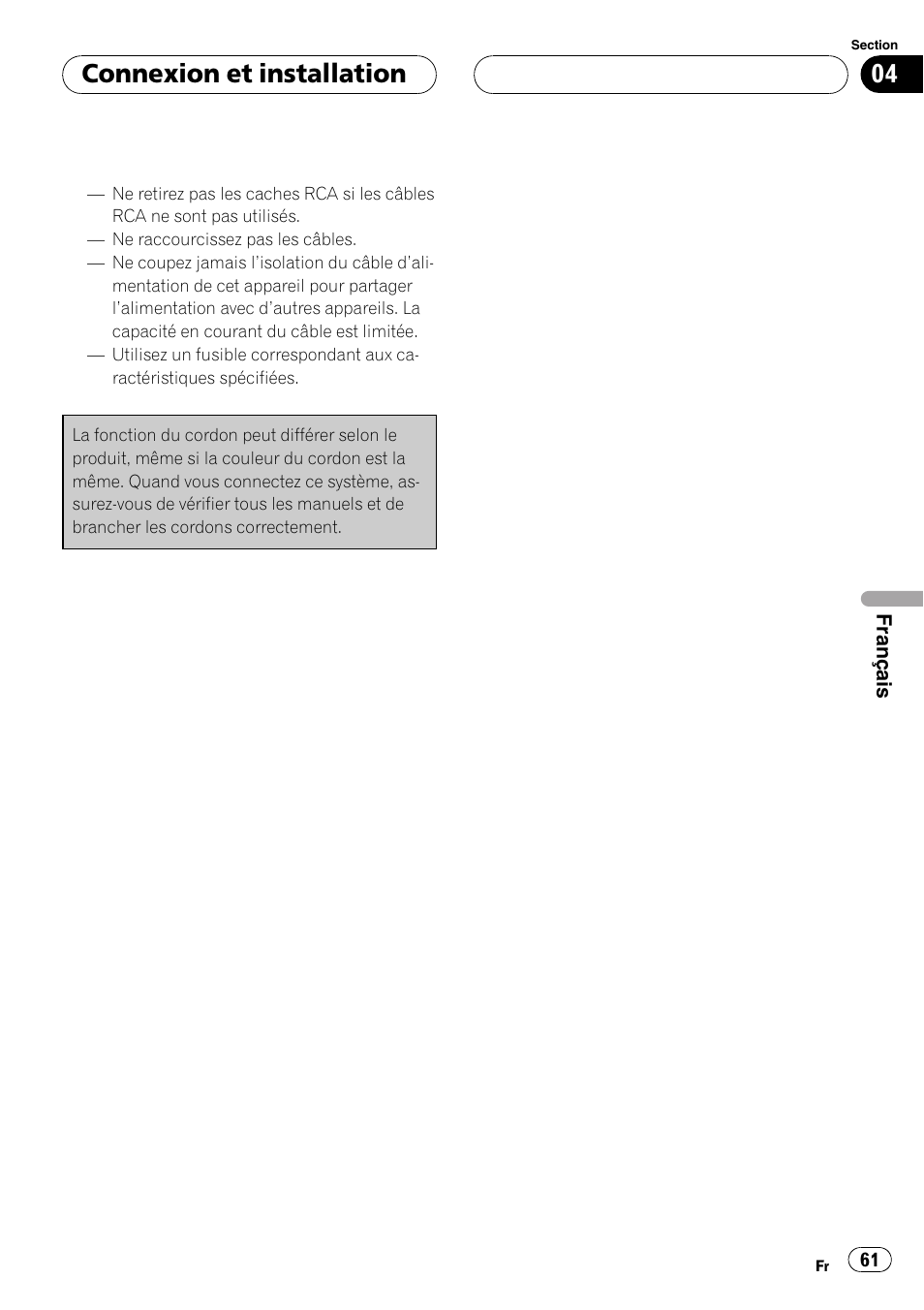 Connexion et installation | Pioneer AVD-W7900 User Manual | Page 61 / 117