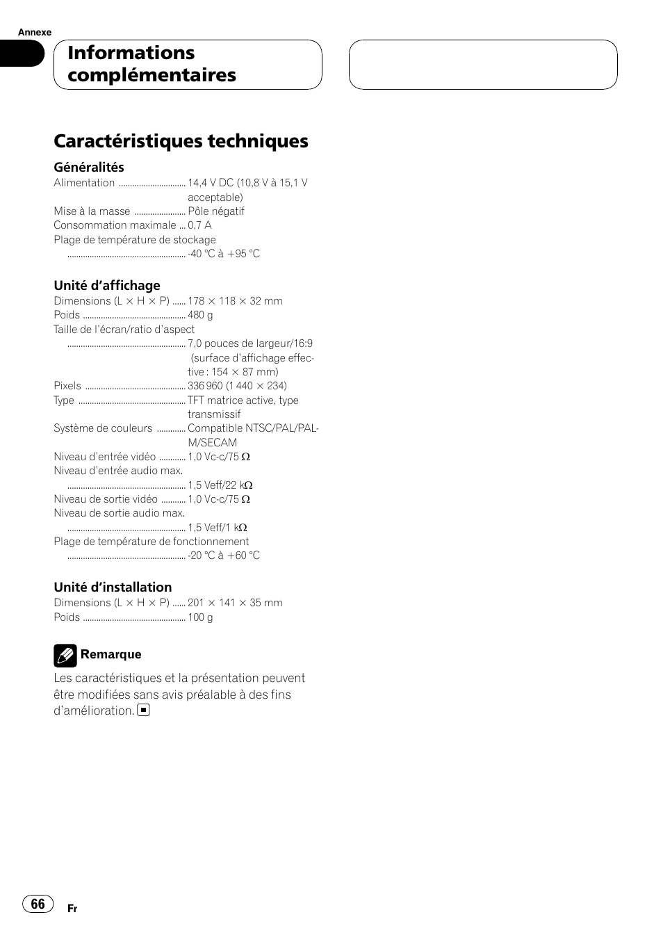 Caractéristiques techniques, Informations complémentaires | Pioneer AVD-W7900 User Manual | Page 66 / 117