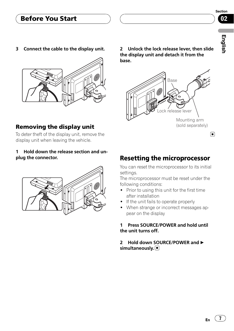 Removing the display unit 7, Resetting the microprocessor, Before you start | Pioneer AVD-W7900 User Manual | Page 7 / 117