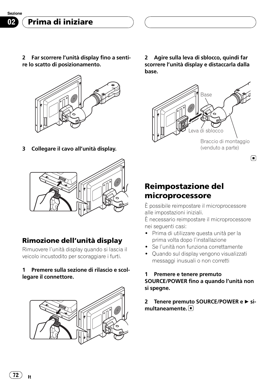 Rimozione dell’unità display 72, Reimpostazione del microprocessore, Prima di iniziare | Rimozione dell ’unità display | Pioneer AVD-W7900 User Manual | Page 72 / 117