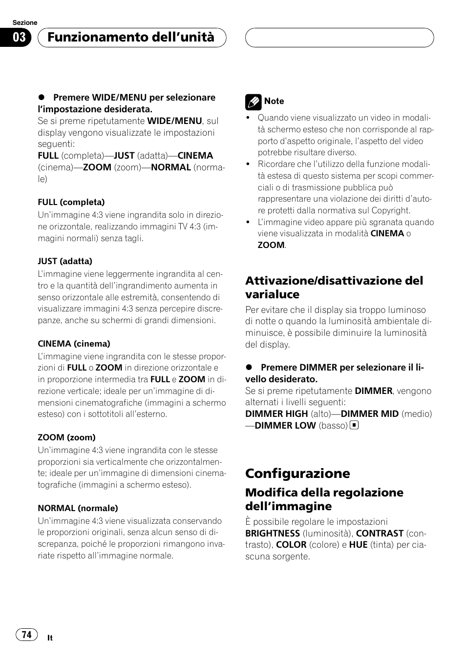 Attivazione/disattivazione del, Varialuce, Configurazione | Modifica della regolazione, Dell, Immagine 74, Funzionamento dell ’unità, Attivazione/disattivazione del varialuce, Modifica della regolazione dell ’immagine | Pioneer AVD-W7900 User Manual | Page 74 / 117