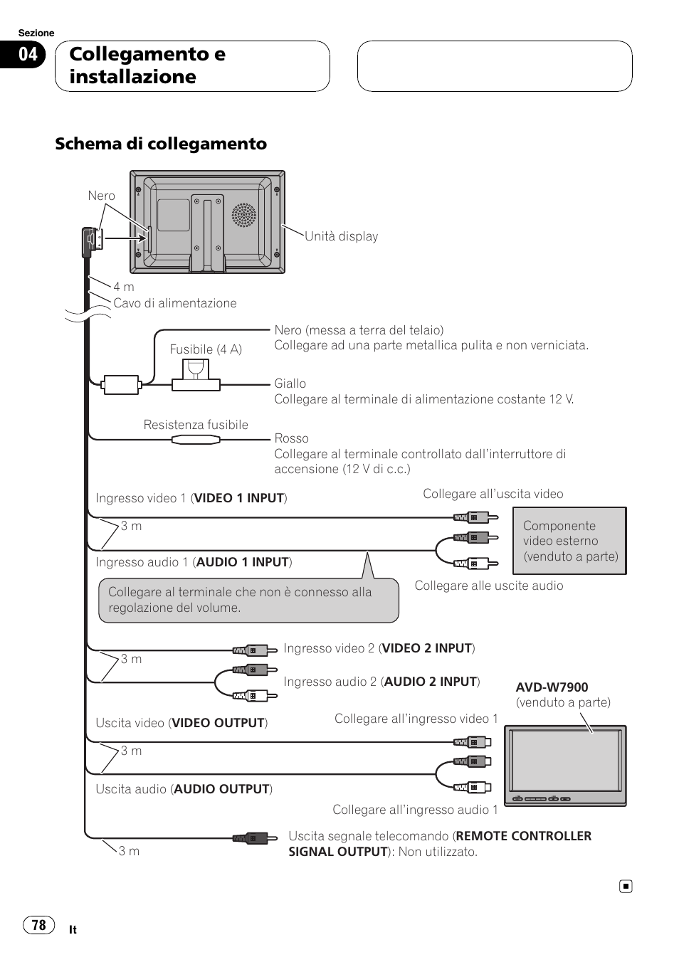 Schema di collegamento 78, Collegamento e installazione, Schema di collegamento | Pioneer AVD-W7900 User Manual | Page 78 / 117