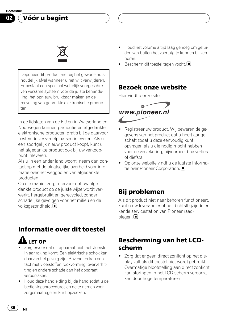 Vóór u begint informatie over dit toestel, Bezoek onze website, Bij problemen | Bescherming van het lcd-scherm, Informatie over dit toestel, Bescherming van het lcd- scherm, Vóór u begint | Pioneer AVD-W7900 User Manual | Page 86 / 117