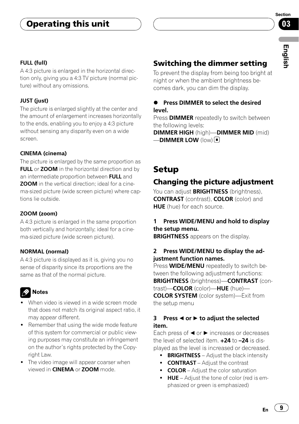 Switching the dimmer setting 9, Setup, Changing the picture adjustment 9 | Operating this unit, Switching the dimmer setting, Changing the picture adjustment | Pioneer AVD-W7900 User Manual | Page 9 / 117