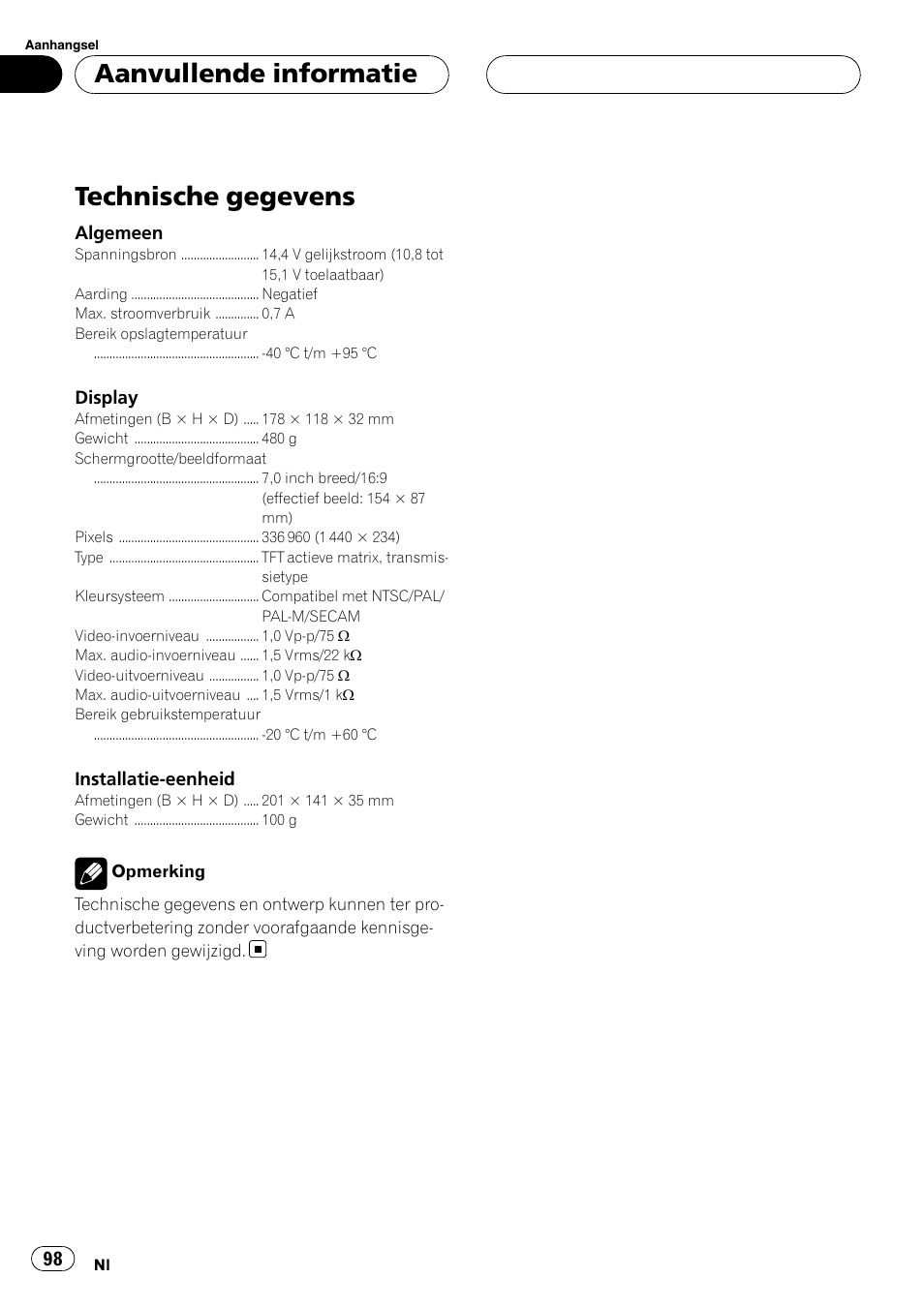 Technische gegevens, Aanvullende informatie | Pioneer AVD-W7900 User Manual | Page 98 / 117