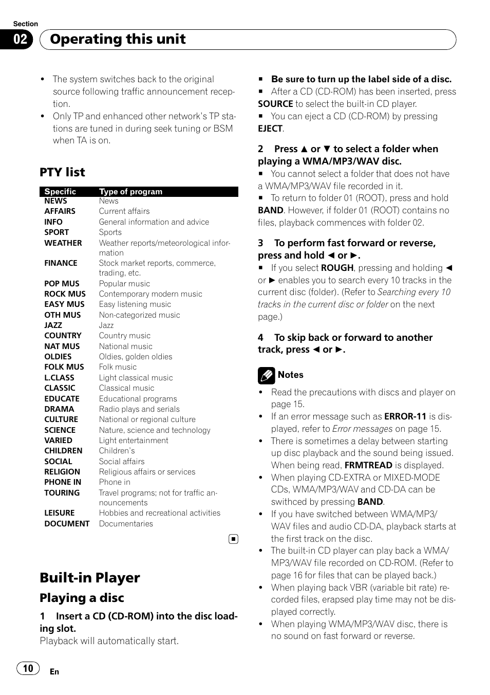 Pty list 10, Built-in player, Playing a disc 10 | Operating this unit, Pty list, Playing a disc | Pioneer DEH-2900MPB User Manual | Page 10 / 60