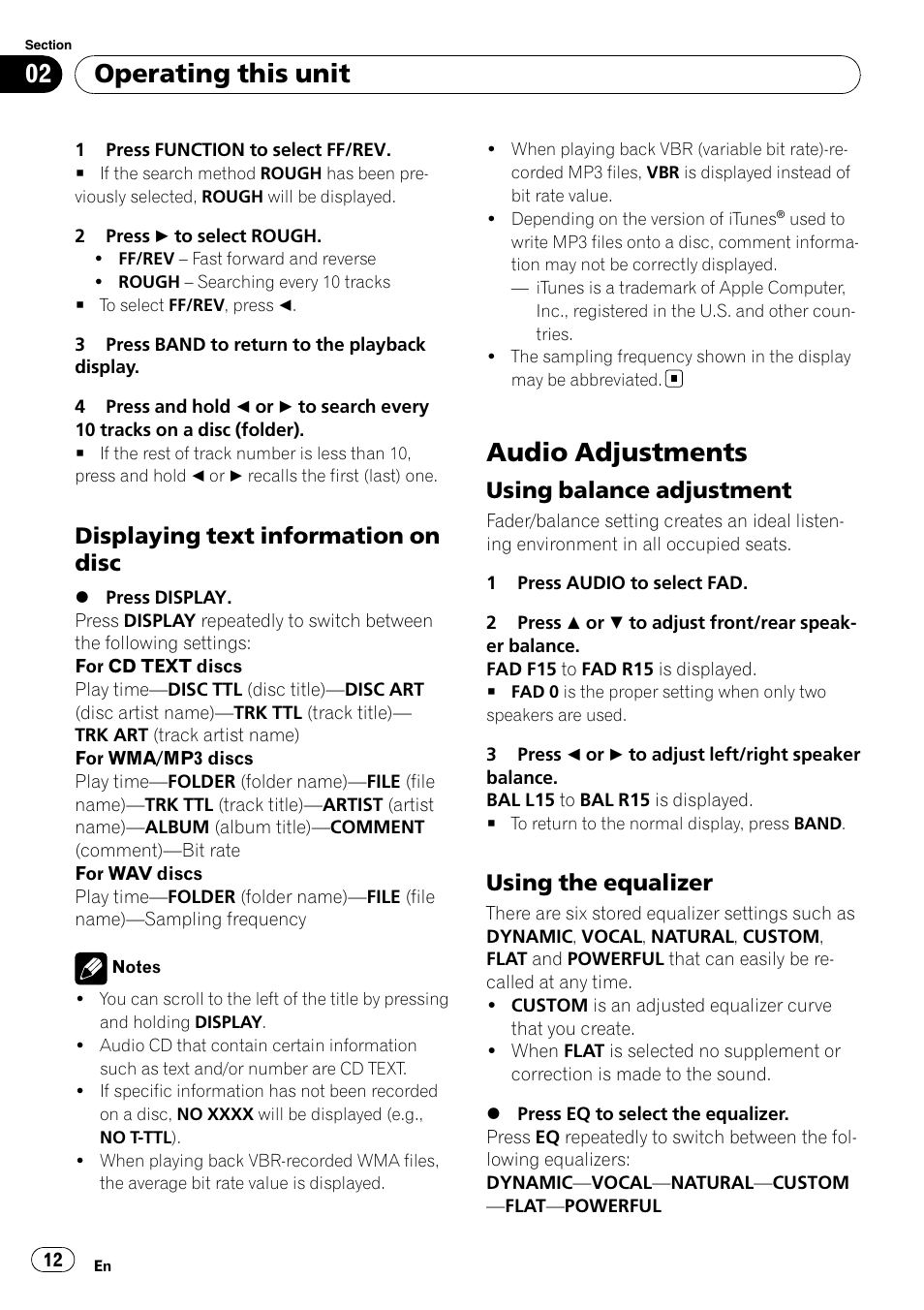 Displaying text information on disc 12, Audio adjustments, Using balance adjustment 12 | Using the equalizer 12, Operating this unit, Displaying text information on disc, Using balance adjustment, Using the equalizer | Pioneer DEH-2900MPB User Manual | Page 12 / 60