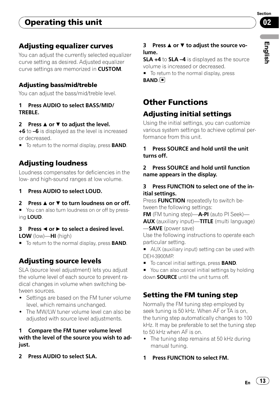 Adjusting equalizer curves 13, Adjusting loudness 13, Adjusting source levels 13 | Other functions, Adjusting initial settings 13, Setting the fm tuning step 13, Operating this unit, Adjusting equalizer curves, Adjusting loudness, Adjusting source levels | Pioneer DEH-2900MPB User Manual | Page 13 / 60