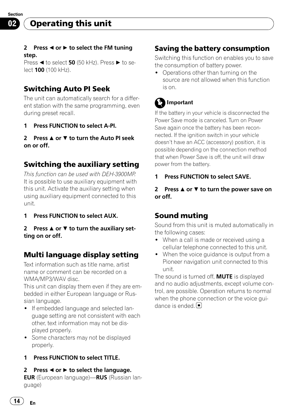 Switching auto pi seek 14, Switching the auxiliary setting 14, Multi language display setting 14 | Saving the battery consumption 14, Sound muting 14, Operating this unit, Switching auto pi seek, Switching the auxiliary setting, Multi language display setting, Saving the battery consumption | Pioneer DEH-2900MPB User Manual | Page 14 / 60