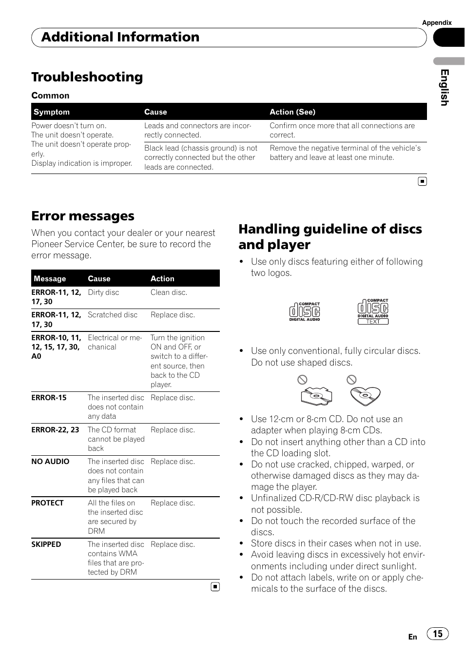 Additional information troubleshooting, Error messages, Handling guideline of discs and player | Troubleshooting, Additional information, English | Pioneer DEH-2900MPB User Manual | Page 15 / 60
