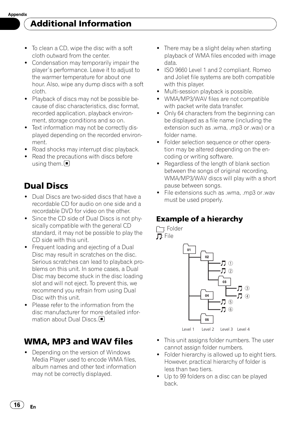 Dual discs, Wma, mp3 and wav files, Example of a hierarchy 16 | Additional information, Example of a hierarchy | Pioneer DEH-2900MPB User Manual | Page 16 / 60