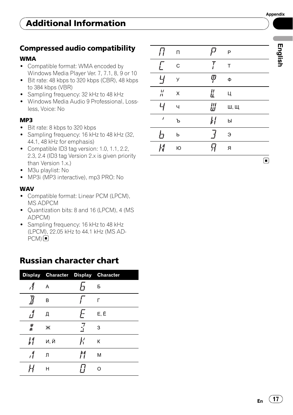 Compressed audio compatibility 17, Russian character chart, Additional information | Compressed audio compatibility, English | Pioneer DEH-2900MPB User Manual | Page 17 / 60
