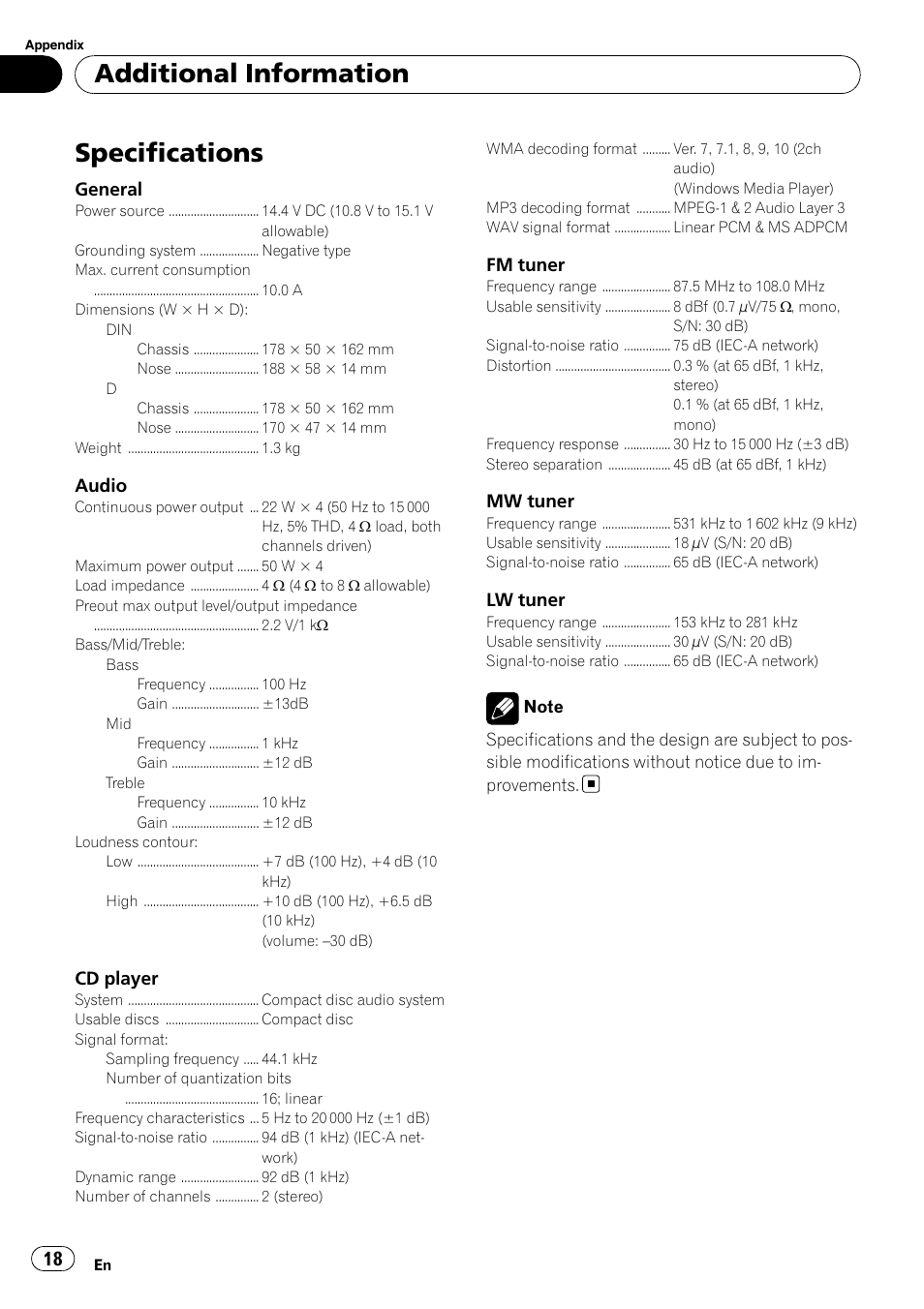 Specifications, Additional information | Pioneer DEH-2900MPB User Manual | Page 18 / 60