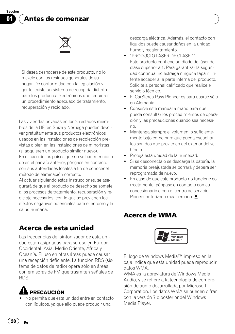Antes de comenzar, Acerca de esta unidad, Acerca de wma | Pioneer DEH-2900MPB User Manual | Page 20 / 60