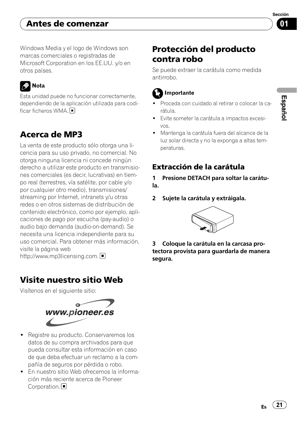 Acerca de mp3, Visite nuestro sitio web, Protección del producto contra robo | Extracción de la carátula 21, Antes de comenzar | Pioneer DEH-2900MPB User Manual | Page 21 / 60
