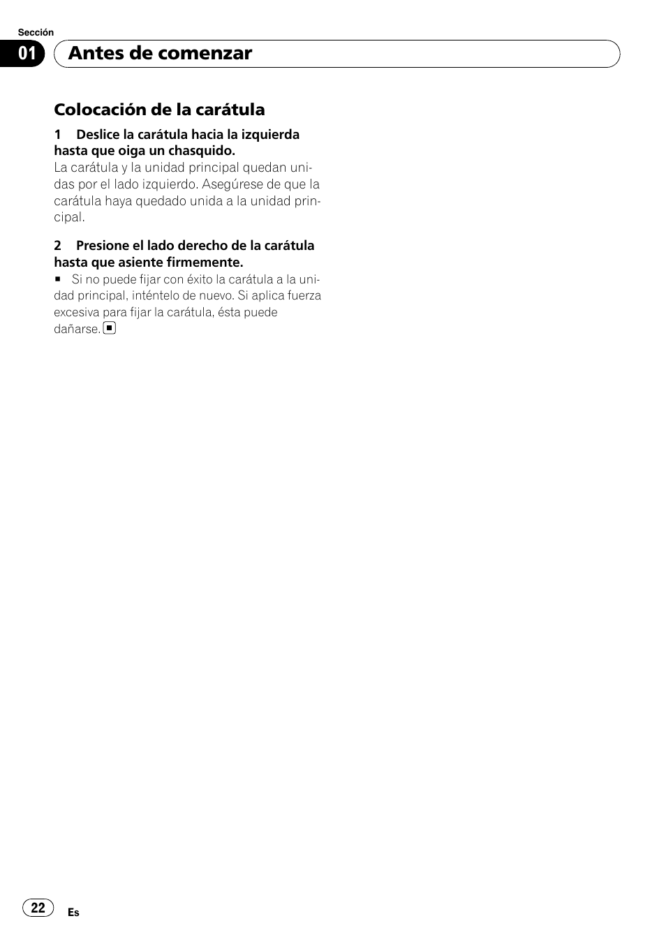 Colocación de la carátula 22, Antes de comenzar | Pioneer DEH-2900MPB User Manual | Page 22 / 60