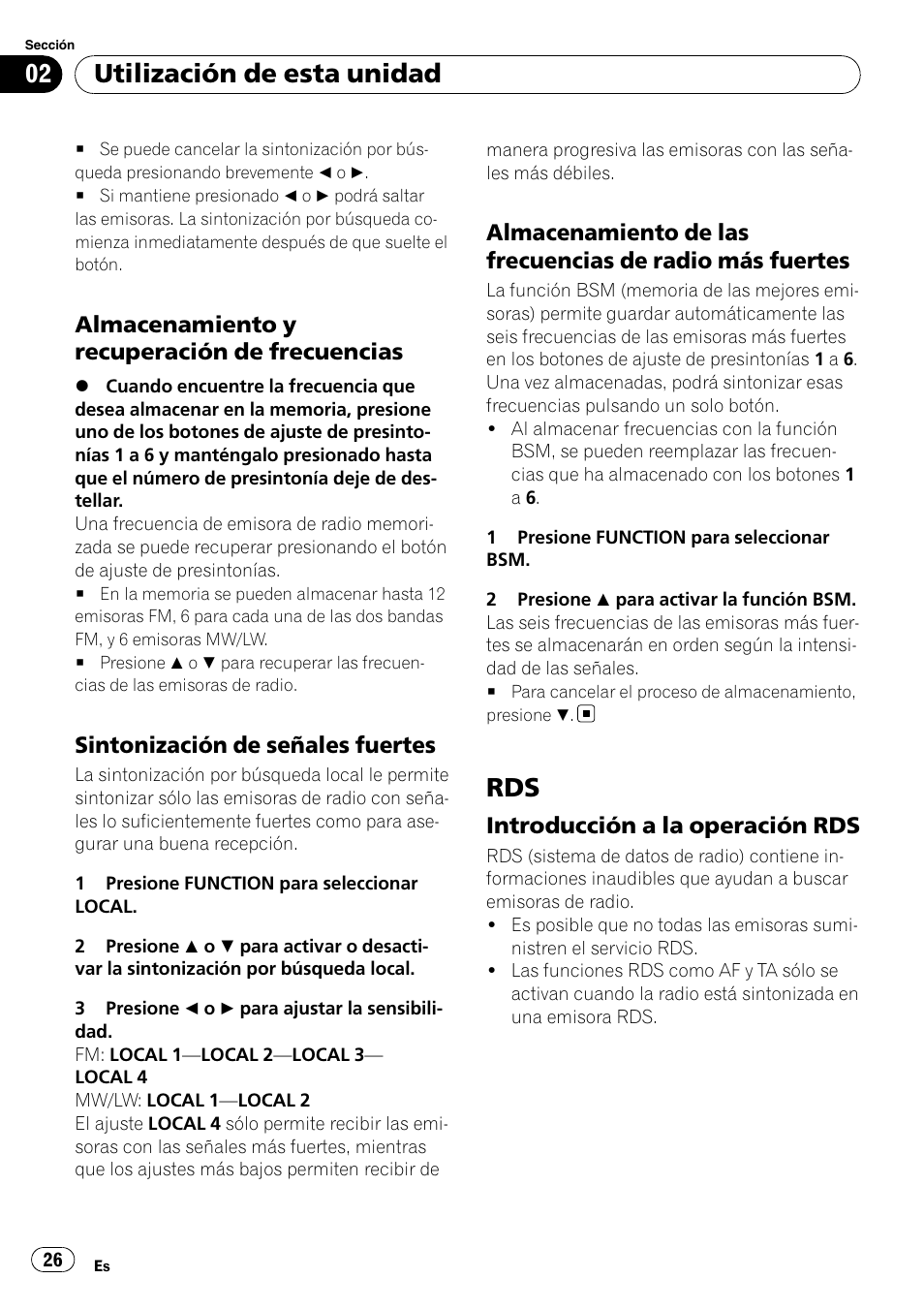 Almacenamiento y recuperación de, Frecuencias, Sintonización de señales fuertes 26 | Almacenamiento de las frecuencias de, Radio más fuertes, Introducción a la operación rds 26, Utilización de esta unidad | Pioneer DEH-2900MPB User Manual | Page 26 / 60