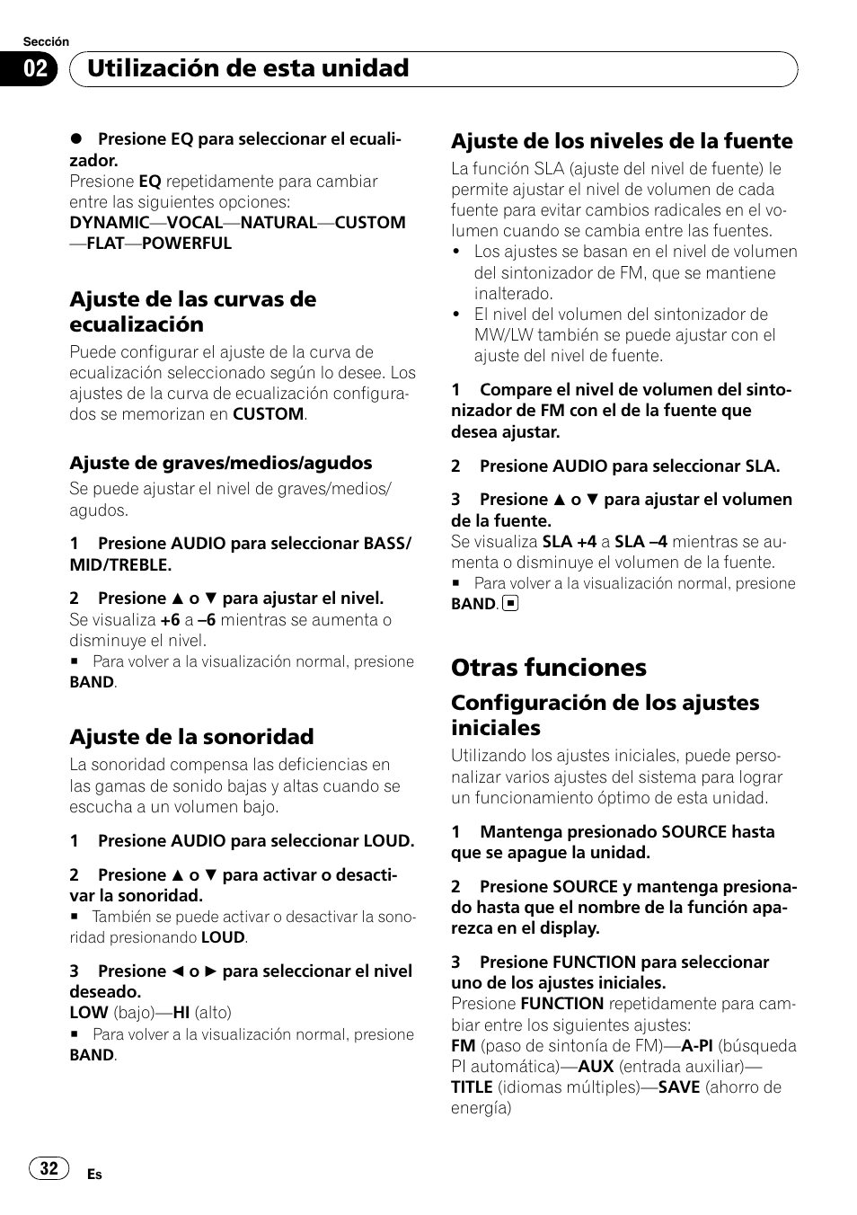 Ajuste de las curvas de, Ecualización, Ajuste de la sonoridad 32 | Ajuste de los niveles de la fuente 32, Otras funciones, Configuración de los ajustes, Iniciales, Utilización de esta unidad, Ajuste de las curvas de ecualización, Ajuste de la sonoridad | Pioneer DEH-2900MPB User Manual | Page 32 / 60