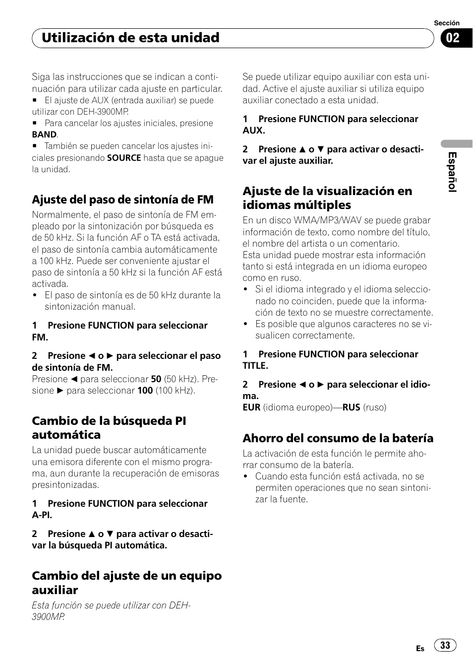 Ajuste del paso de sintonía de fm 33, Cambio de la búsqueda pi, Automática | Cambio del ajuste de un equipo, Auxiliar, Ajuste de la visualización en idiomas, Múltiples, Ahorro del consumo de la batería 33, Utilización de esta unidad, Ajuste del paso de sintonía de fm | Pioneer DEH-2900MPB User Manual | Page 33 / 60